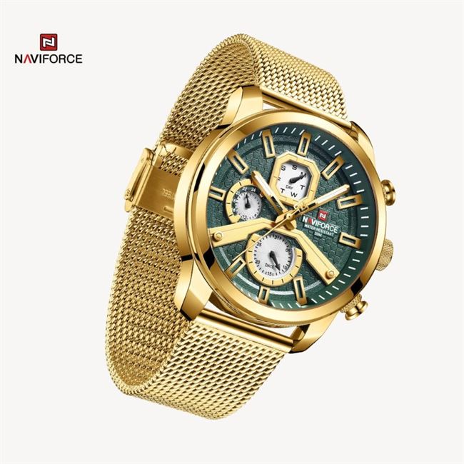 ساعت مچی اورجینال مردانه ناوی فورس|Naviforce|نوی فورس|نیوی فورس سه موتوره فول تایم طلایی | طلایی| سبز| کد رفرنس NF9211